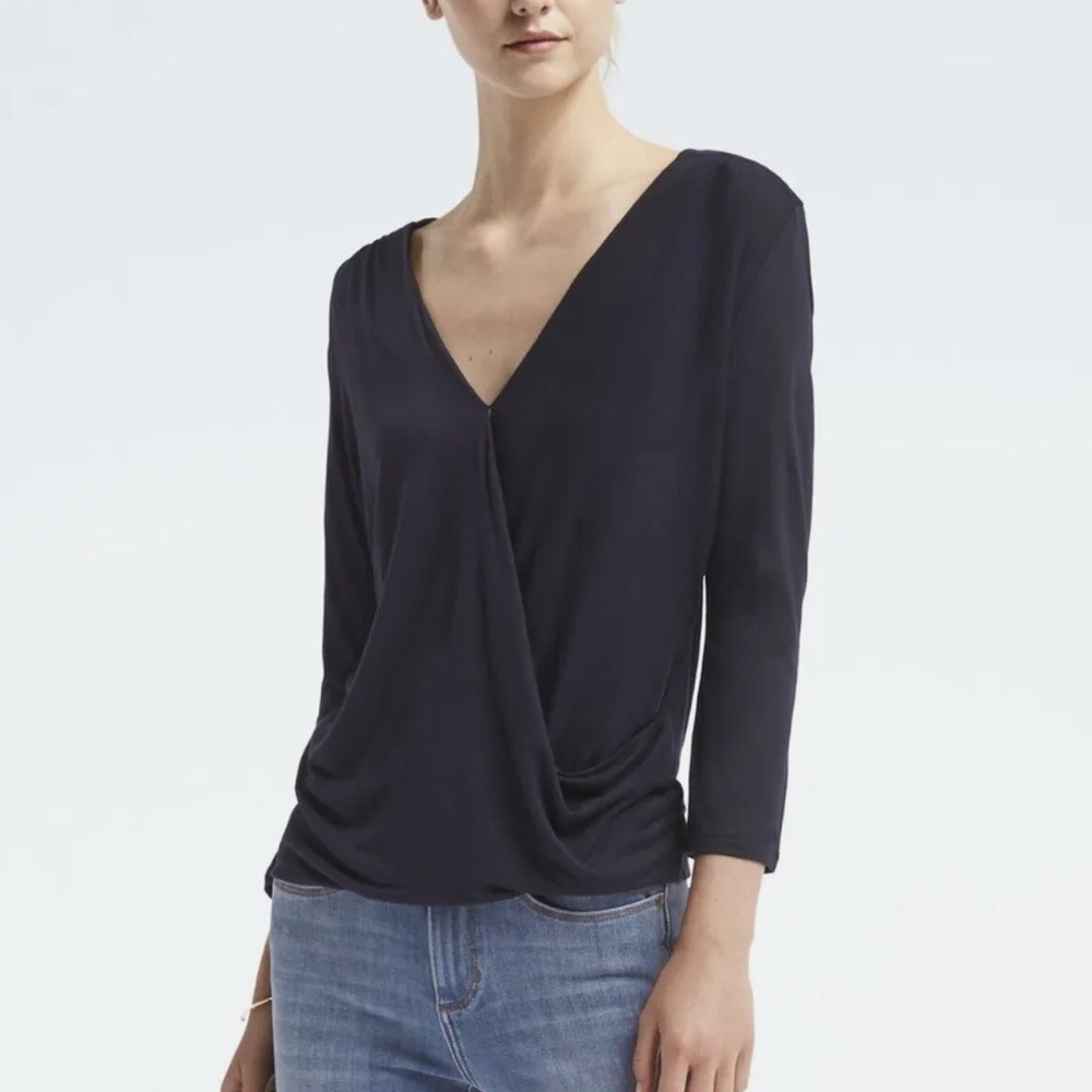 Banana Republic Womens Black Faux Wrap Blouse Top Size XS Long Sleeve V-Neck
